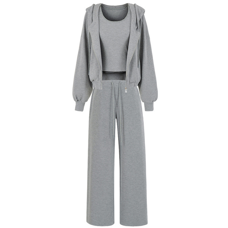 Fashion Casual Sports Suit for Women with Hooded Zipper Waffle Jacket, Sweatshirt, Short Base Vest, Straight-Leg Sweatpants