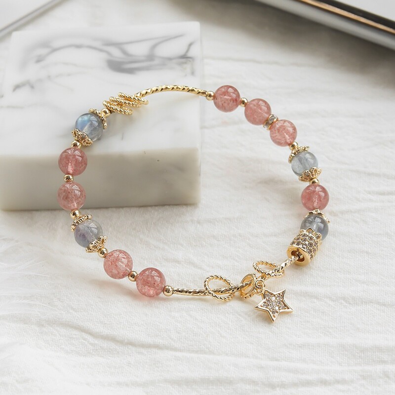 New online celebrity style live broadcast natural strawberry Crystal 14K gold bracelet female ins niche design crystal bracelet for girlfriend