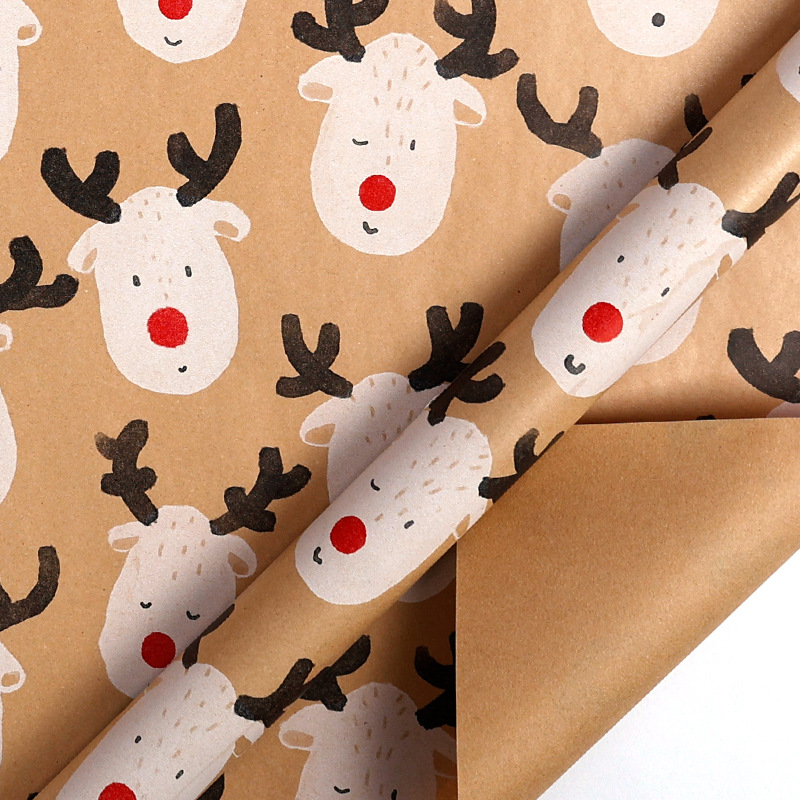 Papel de regalo navideño en rollo grande, éxito de ventas transfronterizo, papel kraft amarillo vintage ecológico para manualidades de árboles de Navidad.