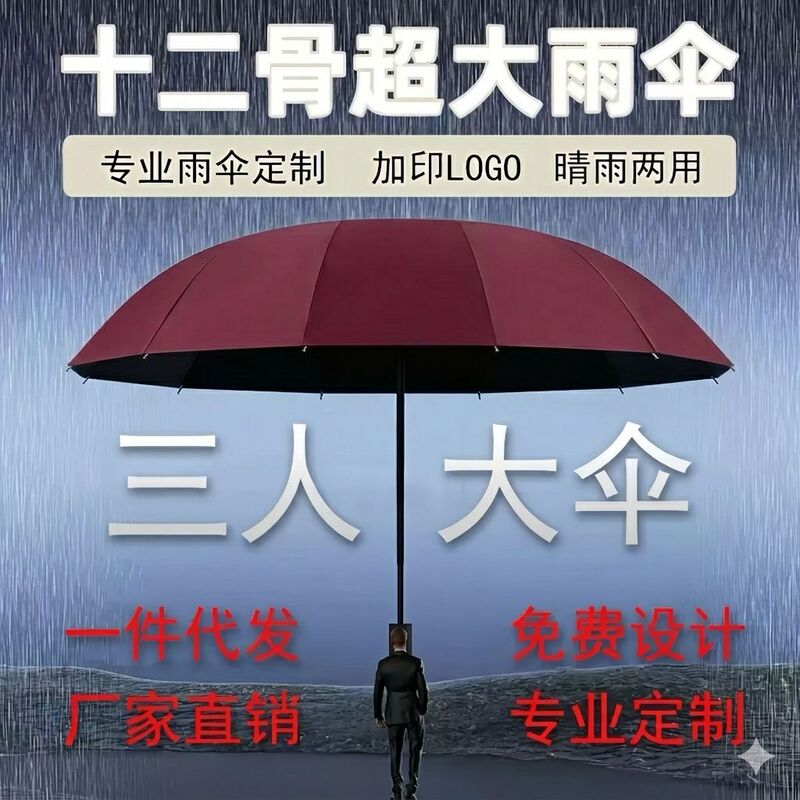Wholesale Manual 12-Rib Umbrella, Dual-Purpose for Sun and Rain, Reverse Advertising Umbrella, Custom Logo Umbrella, Thickened and Enlarged