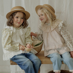 2024春款草莓珊韓國女童女孩甜美公主蕾絲荷葉邊裙式馬甲背心