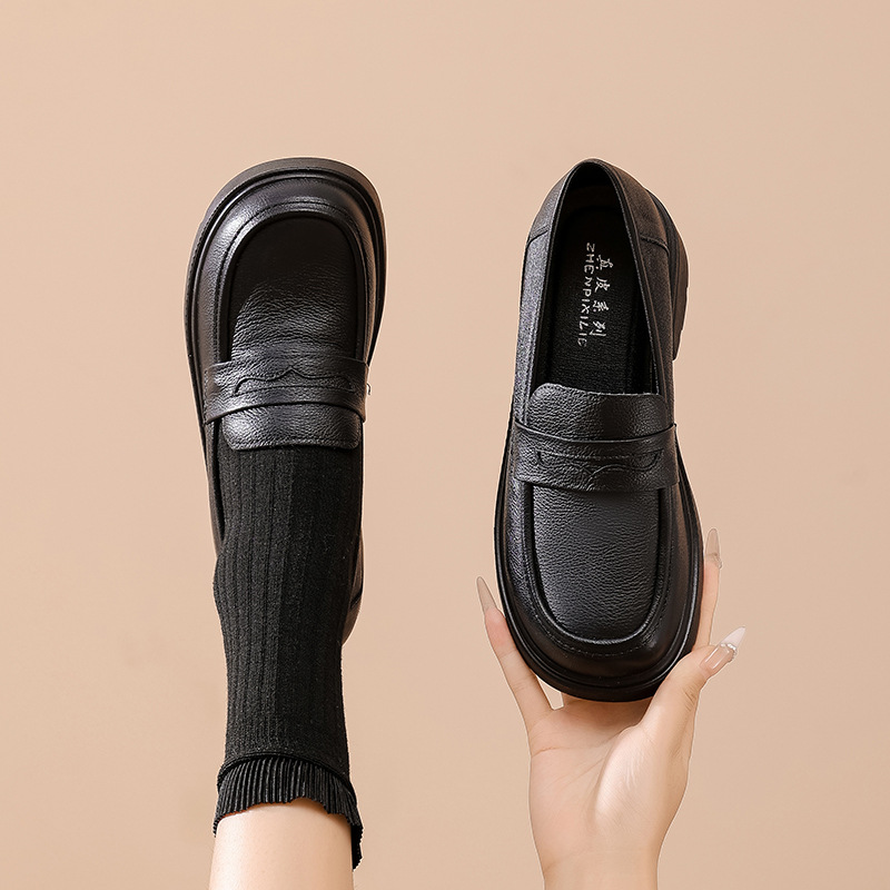 Women's Vintage Loafers With Thick Soles, Slip-on Casual For Commuting, British Style Simple Versatile Leather Shoes_vogvips.com