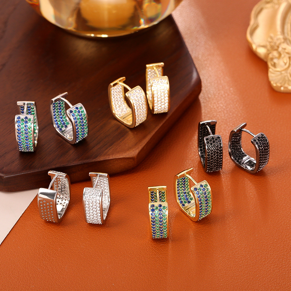 High-end Colorful Zirconia Full-diamond Earrings, European And American Style, Light Luxury Fashion Geometric Ear Cuffs,_voghion.com