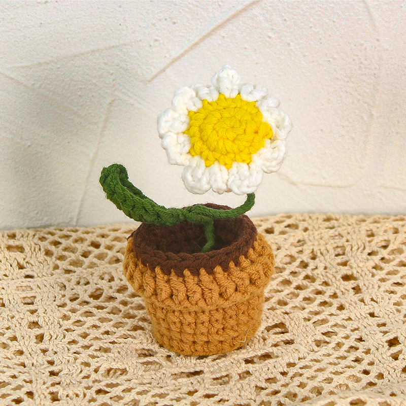 Tejido a mano DIY Rosa girasol maceta ramo de lana de ganchillo acabado hecho en casa decoración del coche regalo