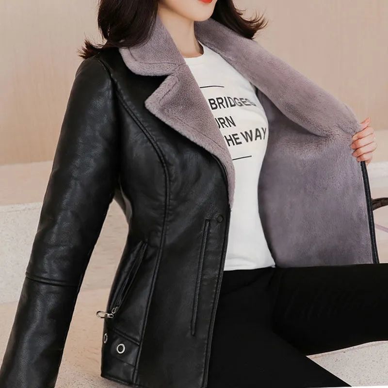 Autumn and Winter Women's Thickeneded and Velvet Warm Fur All-In-One Leather Jacket Korean Style Slim Short Women's Leather Jacket