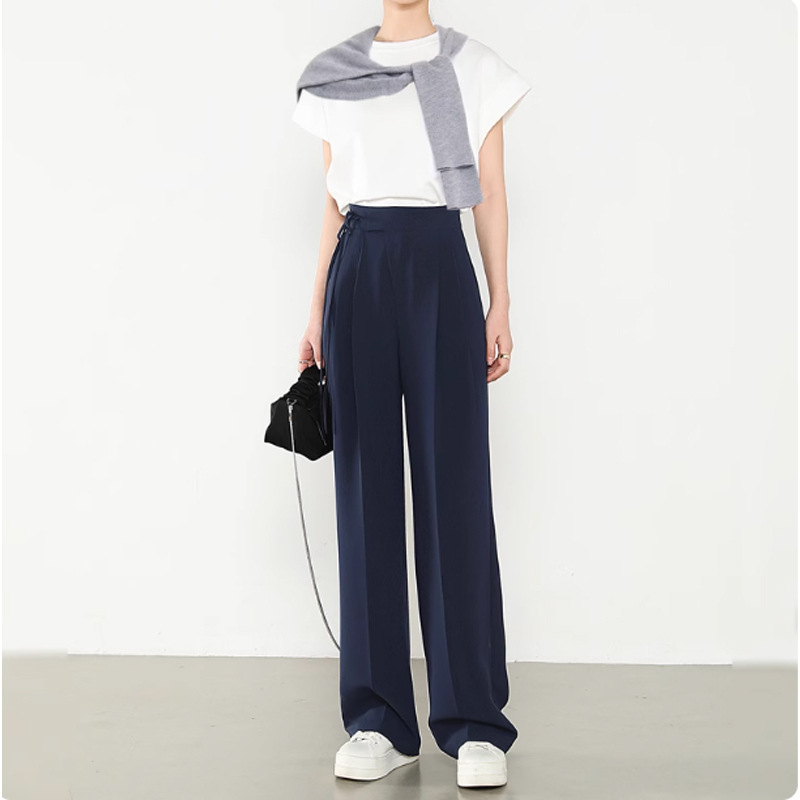 Navy Blue Women's Suit Pants New Chinese Style Tie Pants Drape Slimming Straight Wide-Leg Pants Extended Length