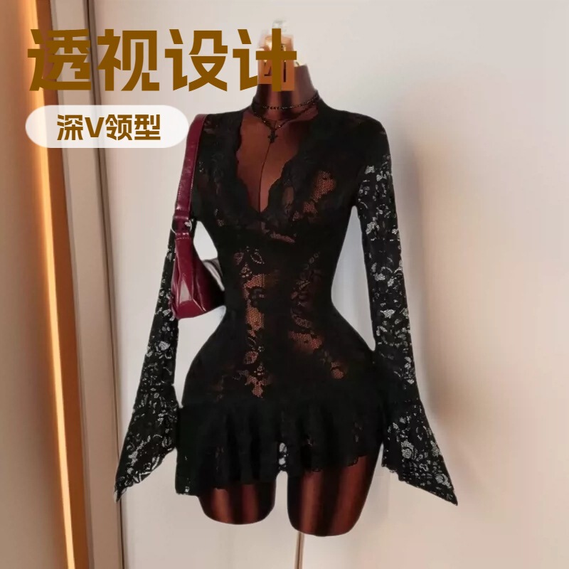 2026 Women's Hippie Style See-Through Low-Cut Mini Dress Short Sleeve Party Dress