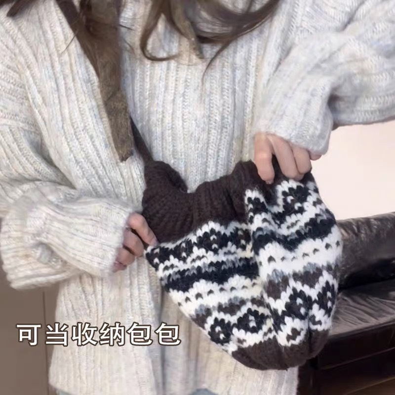 毛糸帽子 女性用 大きな頭囲 冬用 防寒 耳当て付き ニット帽子 高級感 ブルー プルオーバー バッグハット|undefined