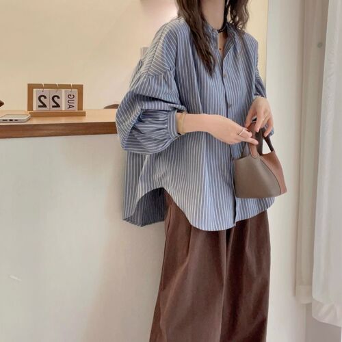 Autumn Striped Lantern Sleeve Loose Shirt Casual Jacket Loose Slimming Japanese Style Small Stand Collar Women's Top