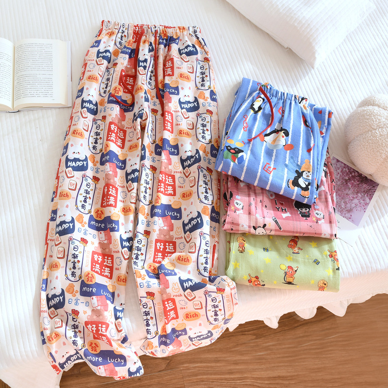 Pure Cotton Brushed Pajamas Women's Pants Cute Cartoon Drawstring Pajamas Soft Skin-Friendly Casual Home Pants Can Be Worn Outside
