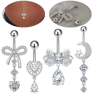 Amazon's Explosion Models European and American Bow Inlaid with Zircon Navel Ring Moon Heart-shaped Navel Nail Piercing Jewelry Wholesale