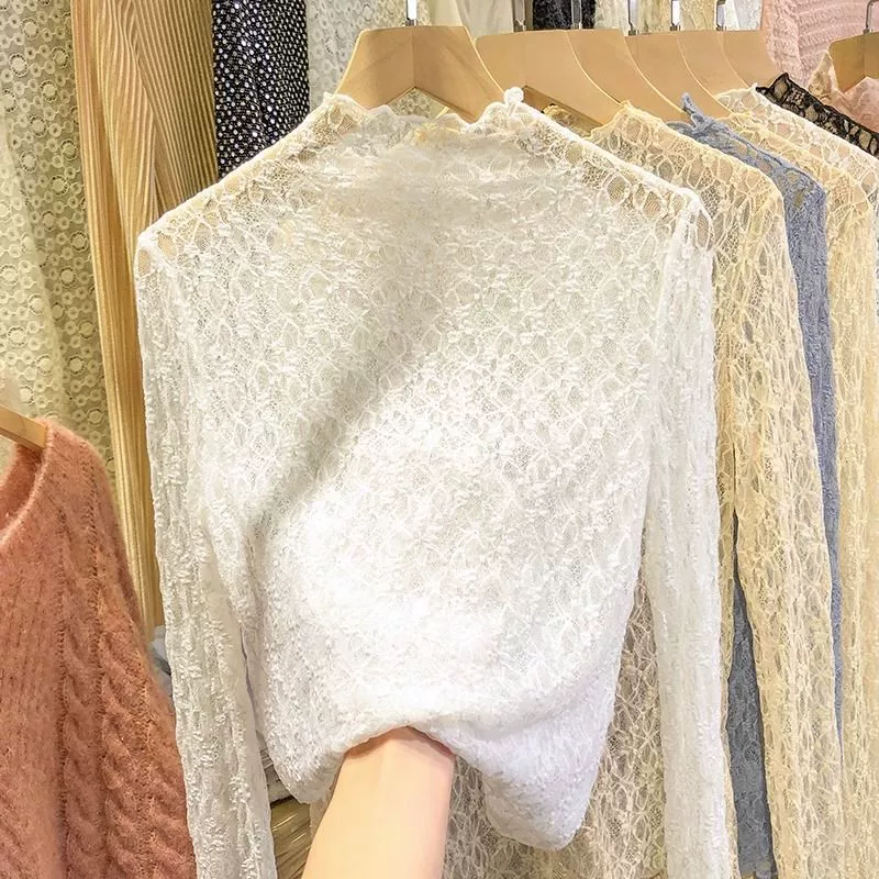 Кружевная Базовая рубашка с высоким воротником, Женская осенне-зимняя Новинка 2023 года, маленькая рубашка-стилист, сетчатый топ с длинными рукавами