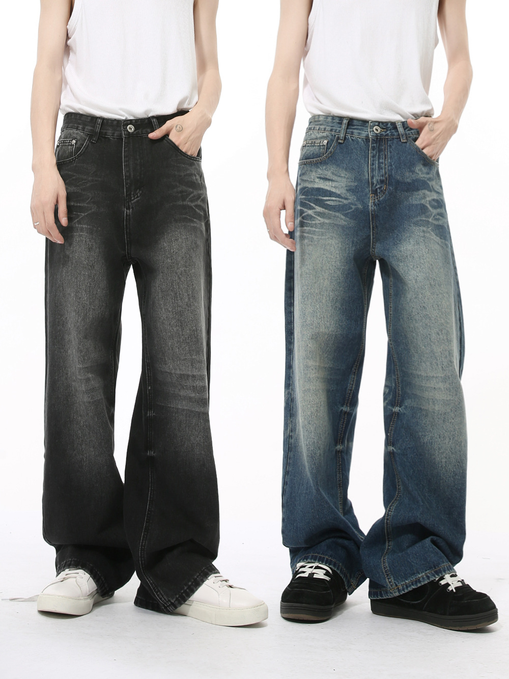 MTLCLOTHES Hombres| Nuevos productos de otoño retro lavados de agua gato barba textura piernas anchas sueltas sensación de caída de la moda jeans