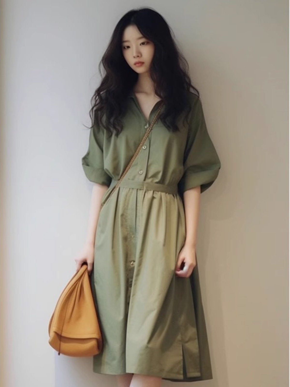 Đầm maxi cổ chữ V xanh lá rộng rãi dáng quả lê mùa hè — Váy liền màu xanh lá