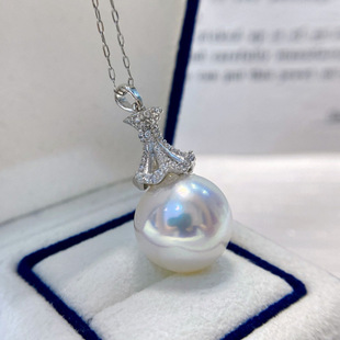 S925 Silver Seawater Pearl Pendant, Exquisite and Atmospheric 13-14mm Seawater Australian White Pearl, Delicate and Oily Leather
