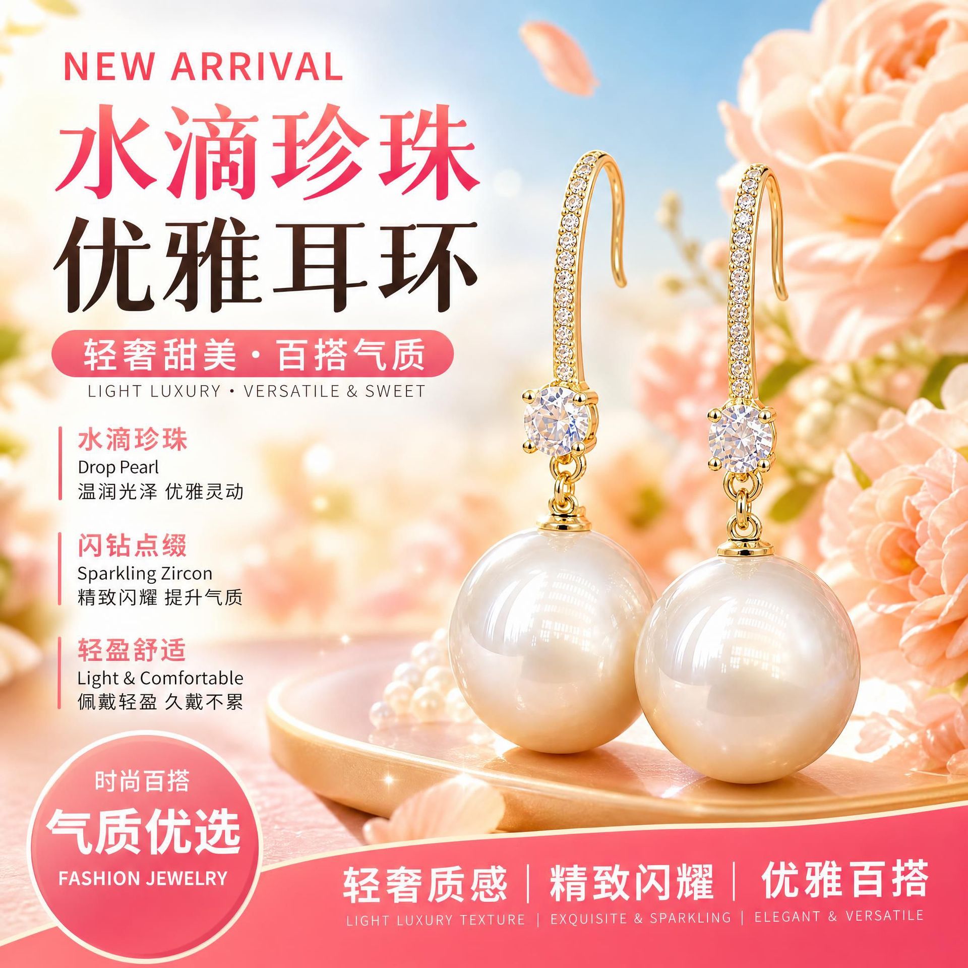 Amazon cross-border wholesale of light luxury water drop pearl earrings, fashionable and sweet earrings, small Chanel-style pendants, classic and versatile