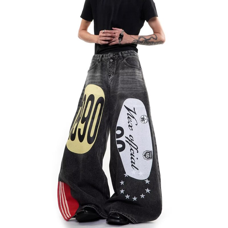 Spring and autumn American high-end trendy European-style graffiti jeans for men, loose straight-leg, stylish high-street wide-leg long pants Spring and autumn American high-end trendy European-style graffiti jeans for men, loose straight-leg, stylish high-street wide-leg long pants