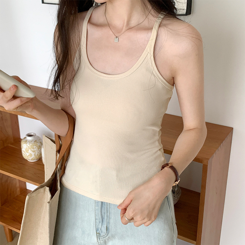 Hot Girl Threaded Vest Suspender Women's Outer Wear Dopamine Slim Summer New Style No Breast Pad Design Inner Top
