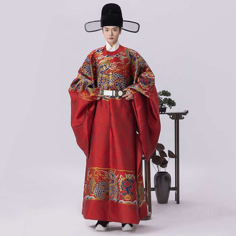 Original Hanfu Men's Ming-Style Brocade Round-Neck Robe Set Wedding Attire Couple Style National Style Restored Large-Size Ceremonial Clothing