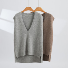 高品外贸纯羊毛洋气中长款大V领针织衫马甲女秋冬叠穿毛衣背心
