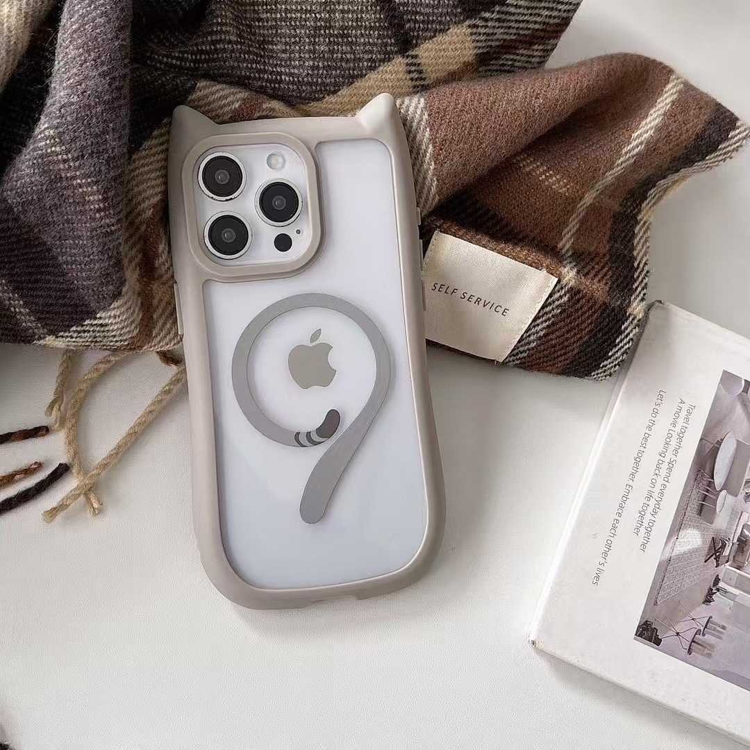 Oreja de gato de dibujos animados atracción magnética transparente para iPhone16ProMax Apple 14/13 funda para teléfono móvil 15P pareja 16 suave