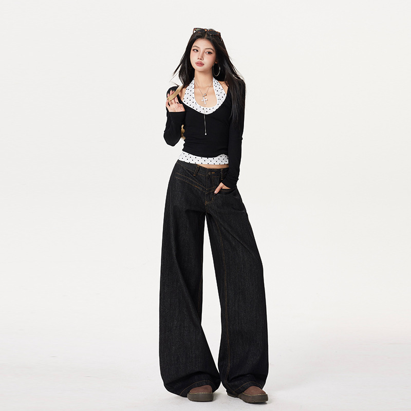 Black Low-Waist Curved Jeans with a Silhouette Design, American Retro Style, Versatile Loose Wide-Leg Pants, Extended Length