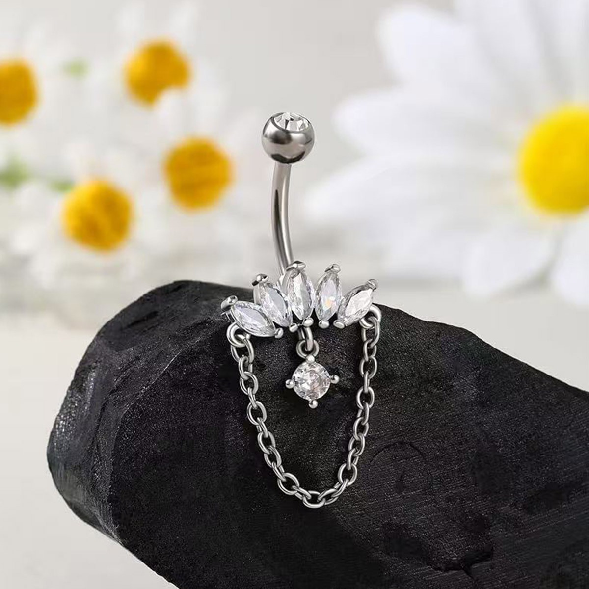 Anello per ombelico curvo in acciaio inossidabile, serie a catena, cuore, zircone, gioielli per piercing in stile street cross-border_voghion.com