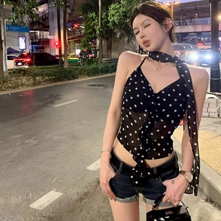 官图实价 波点微透雪纺挂脖吊带小背心女夏辣妹设计感修身上衣