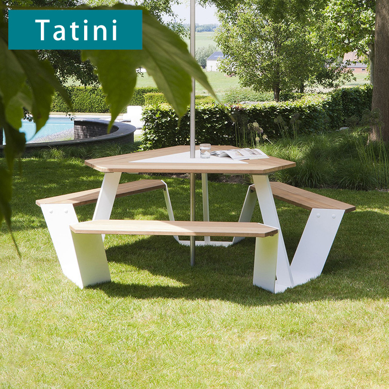 Patio al aire libre de una sola pieza mesa y silla combinación cafetería titular de la tarjeta hotel público jardín al aire libre muebles de acero inoxidable silla de comedor
