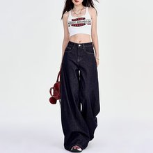 大码美式深蓝牛仔裤女小个子秋季新款胖mm高腰显瘦直筒宽松阔腿裤