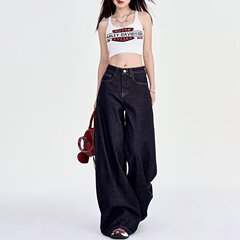 大码美式深蓝牛仔裤女小个子秋季新款胖mm高腰显瘦直筒宽松阔腿裤