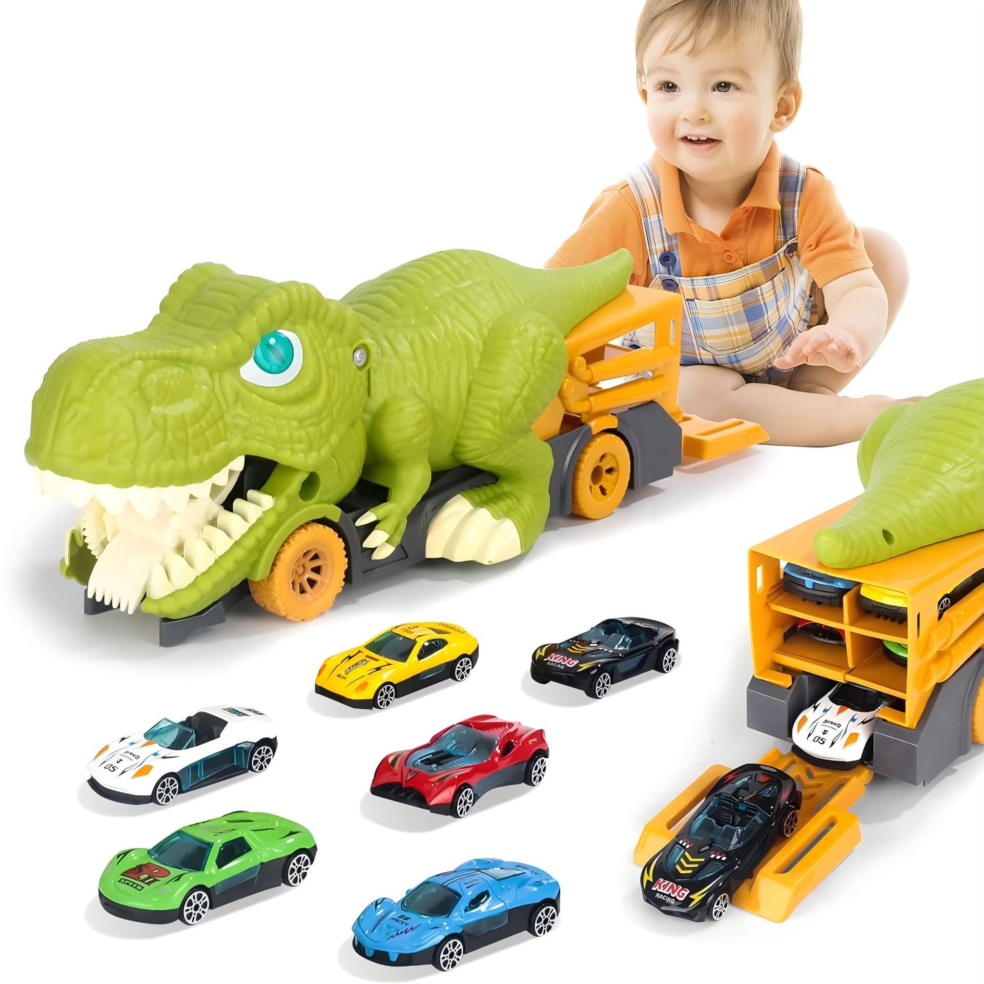 Coche de juguete de dinosaurio grande para niños, coche de aleación con retroceso, coche con almacenamiento de mapas, coche de juguete de dinosaurio para niños