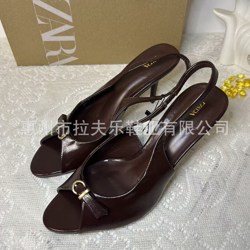 Za2025 Spring New Women's Shoes Solid Color Patent Leather Peep-Toe Square Buckle Strap Open-Toe High-Heeled Sandals