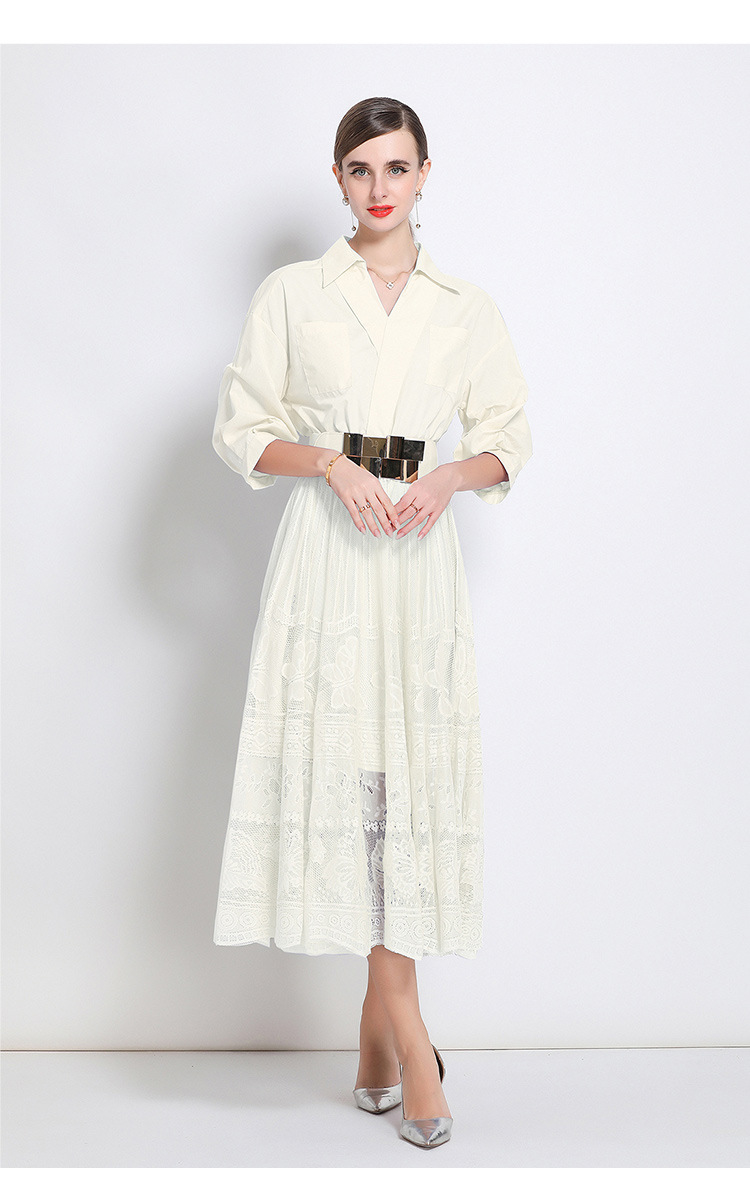 Elegant V-Neck Floral Lace Trim Midi Dress With Flared Hem - A-Line Princess Style For Women Lightweight_ecoleips.com