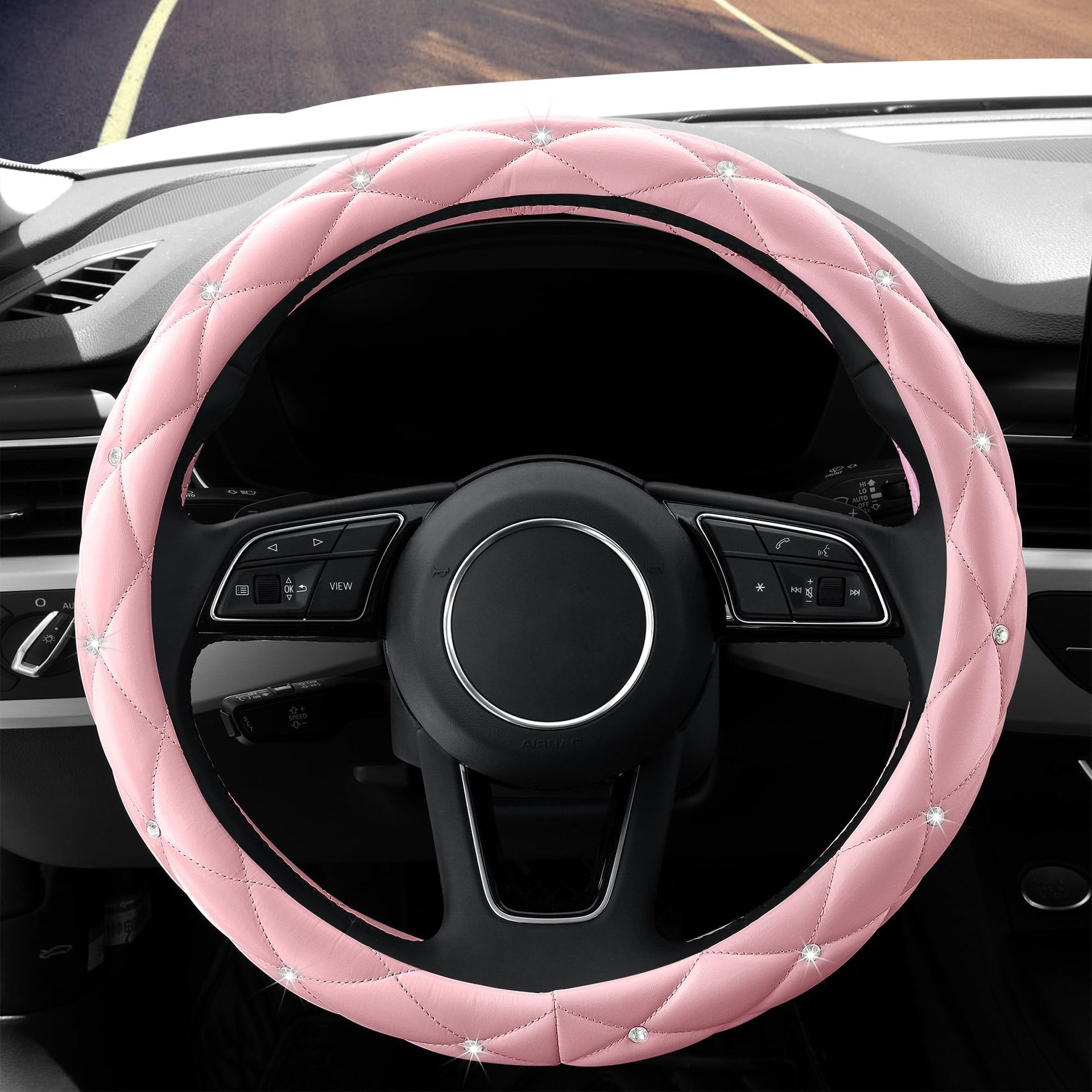 Factory Direct Sales Amazon Car Diamond-Studded Steering Wheel Cover, Universal for All Seasons, Soft Leather Anti-Slip Rhinestone Handle Cover