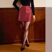 2025欧美跨境酒红色皮裙辣妹新款秋冬半身裙高腰显瘦包臀A字短裙