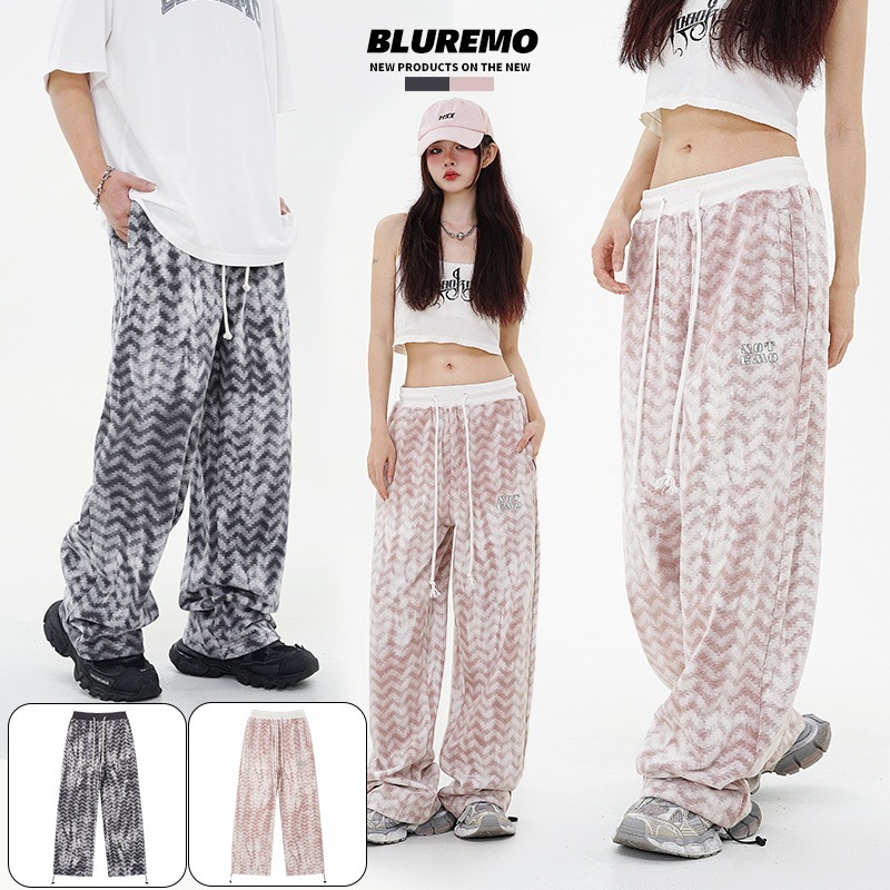 BLUREMO | Spring and summer popular diamond-shaped corrugated plaid loose casual outerwear versatile contrast color drawstring wide-leg trousers fashion