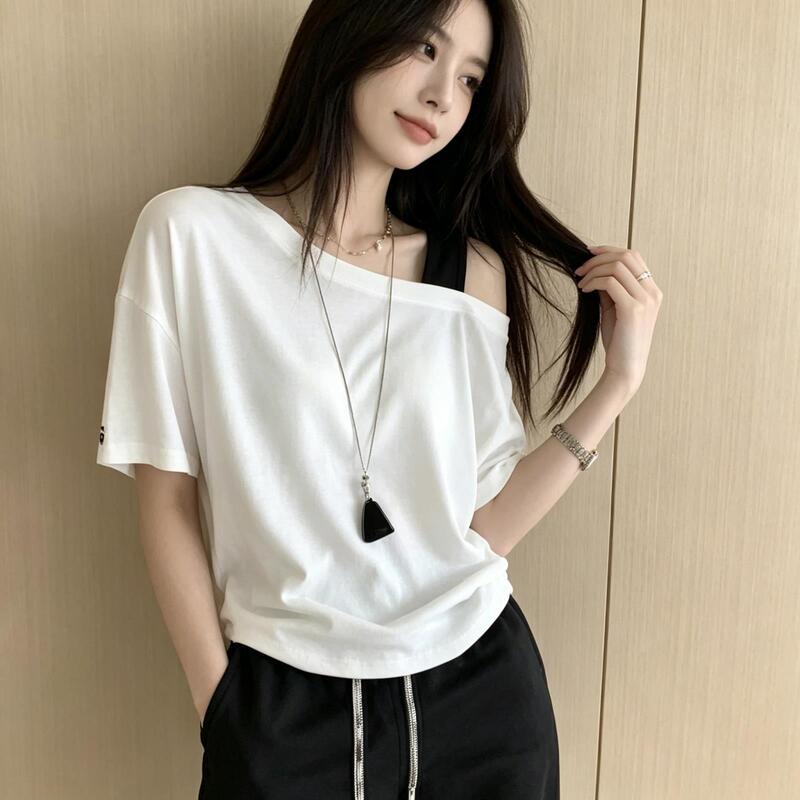 2026 New Style One-Shoulder Off-Shoulder White Short-Sleeve T-Shirt for Women, Summer Design with a Unique and Stylish Asymmetrical Shoulder Crop Top for Women