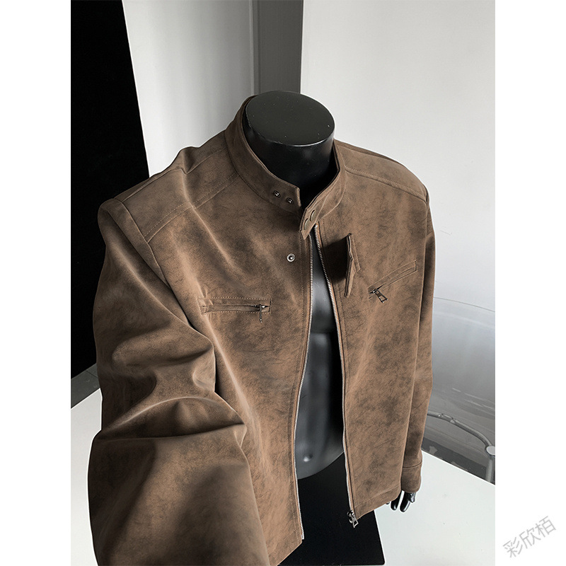 American Tie-Dye Pu Leather Jacket Men's Spring & Fall Cleanfit Loose Stand-Up Collar Jacket Trendyy Handsome Right Shoulder Jacket