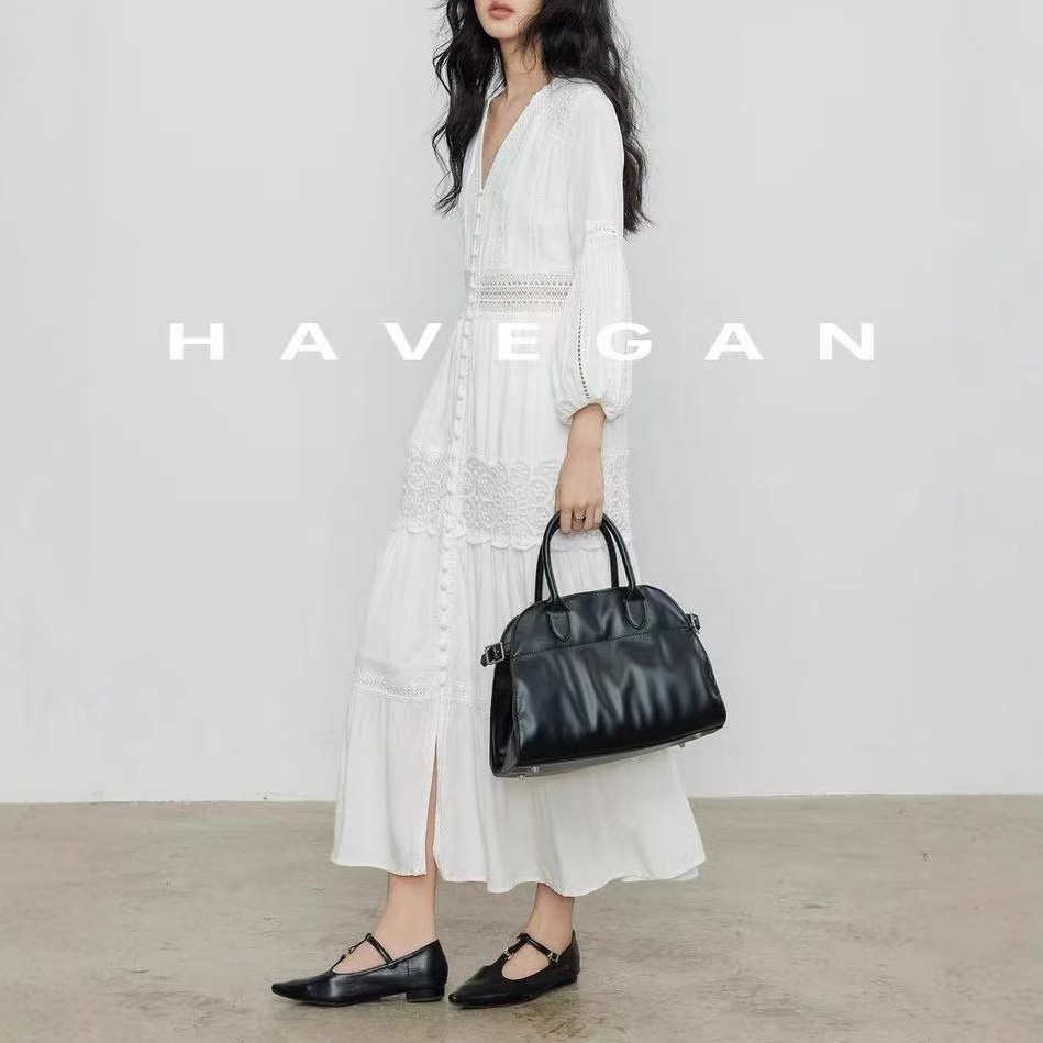 Havegan/French V-Neck Dress for Women Autum 2025 New Lace Splicing A-Line Skirt Tea Break Long Skirt