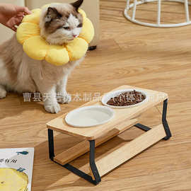 木质宠物猫碗架宠物饭盆陶瓷双碗斜口护颈猫食盆架防打翻宠物碗架