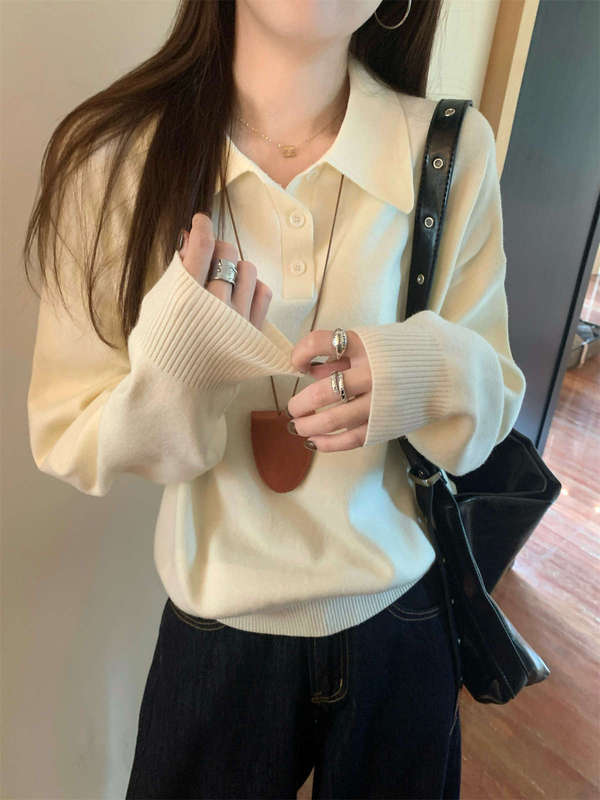 韩系polo领松弛感针织毛衣女2025春季简约慵懒打底衫宽松内搭上衣|undefined