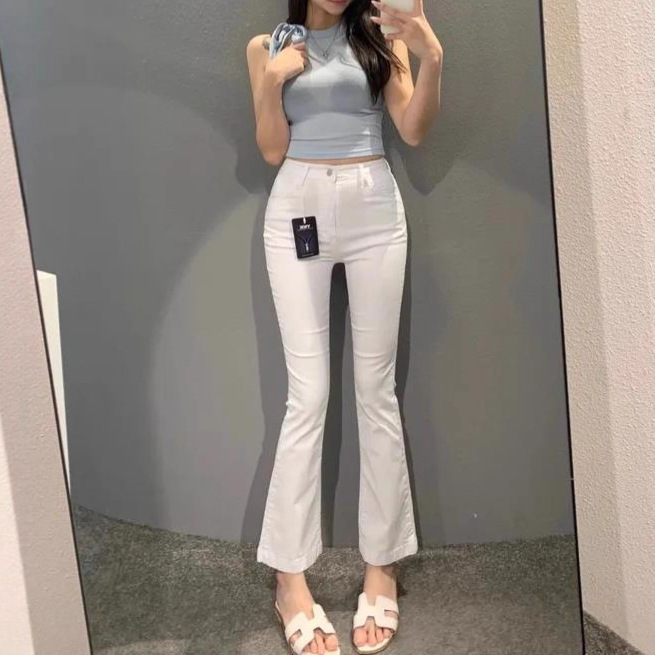 自带丰胯垫高腰修身白色微喇牛仔裤女显瘦气质百搭弹力九分微喇裤|undefined
