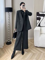 毛呢西装外套阔腿裤两件套装女秋冬季新款大码时尚穿搭一整套