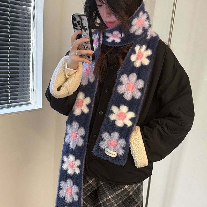 姜涩琪同款网红ins紫色花朵围巾女冬季氛围感保暖防寒围脖学生|undefined