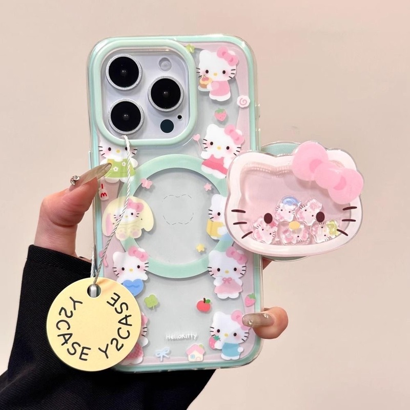 シェイクピンクとグリーンのキティ、磁気スタンド付き Apple 16promax 携帯電話ケース 15/14 ソフト 13 女性 12 に適しています|undefined