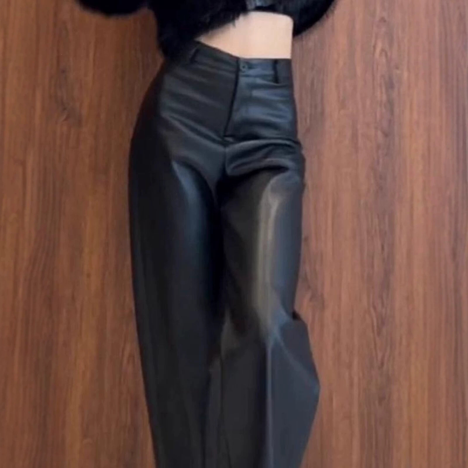 New early autumn collection from the department store: high-end, slimming, black, high-waisted, thin-fabric, flowing, straight-leg, wide-leg leather pants for women
