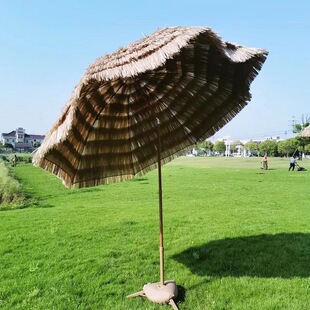 Outdoor Parasol with Straw Thatched Hut, Beach Artificial Decoration, Shop Faux Wheat Retractable Canopy, Straw