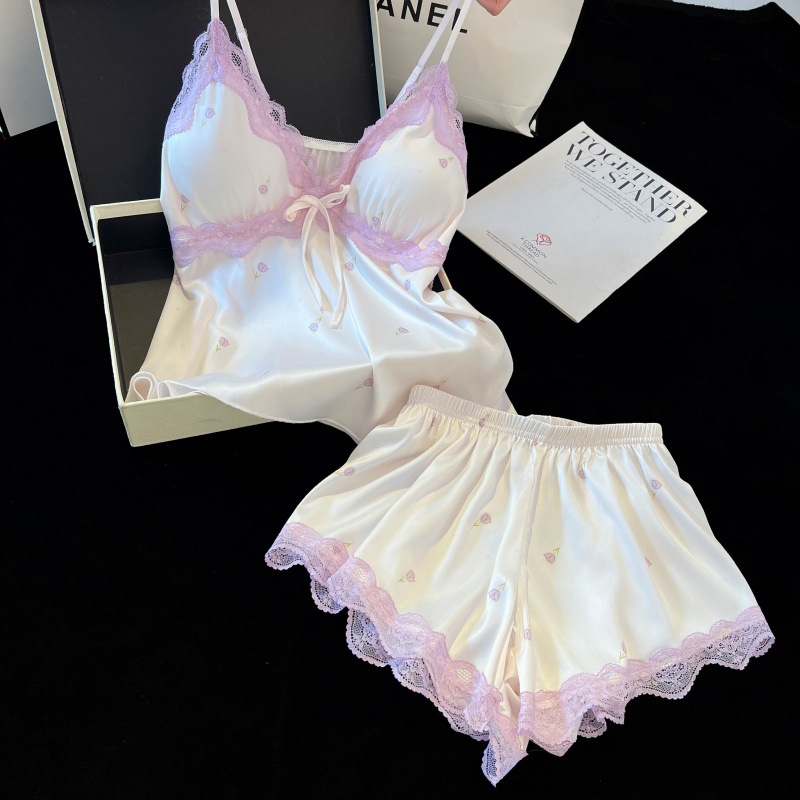 Pajamas for Women Ice Silk Summer 2025 New Lace Suspender Shorts Two-Piece Set Exquisite with Breast Pads Pure Lust Pink Lace