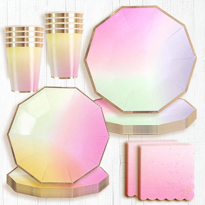 Gold Gradient Decagon Four-Color Mixed Color Party Paper Plate Paper Cup Paper Towel Straw Wedding Ceremony Holiday Birthday Use